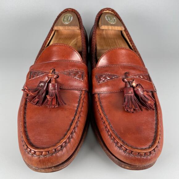 Allen Edmonds Maxfield Men\'s 9.5 D Brown Leather Woven Tassel Loafers Casual GUC